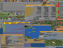OpenTTD has its own window management as it runs on so many platforms. This picture has been stuffed to unplayability with windows. We can see company income, finances and performance rating (which is used as a score when you finish the game). We can also see two construction-toolbars, with the tree-tool selected. On the left side is the list of trains, which will be sorted by total capacity.A bit to the right we can see a relief-map, which can be toggled to show various states (relief, transport routes, ownership) and allows you to scroll around the ‘universe’. On the right side we have zoomed into a Concorde making a hefty profit judging by the details window. Lastly an almost invisble detailed industry window.