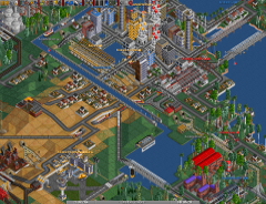 View on a desert island town, using the free OpenGFX base graphics.